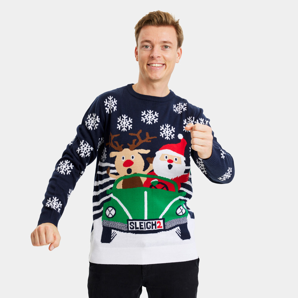 Pull de Noël pour Homme Renne et Père Noël Conduisent