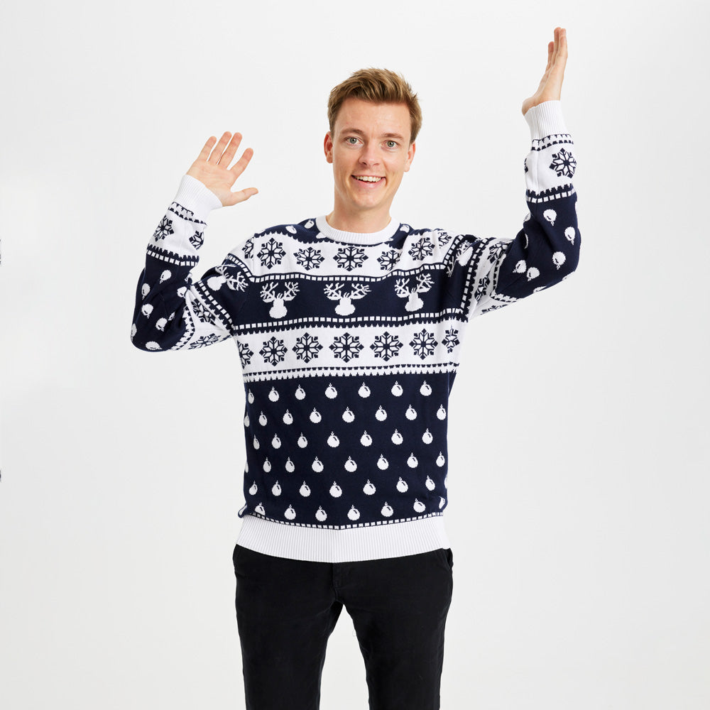 Pull de Noël pour Homme avec Rennes et Neige Bleu 
