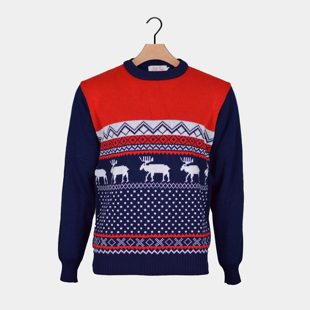 Pull de Noël pour Homme Rennes Rouge et Bleu Marine