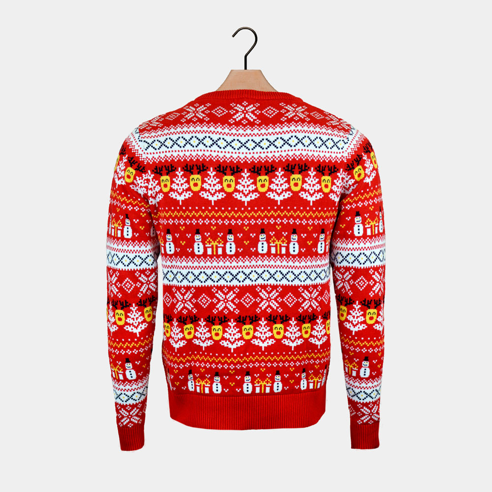 Pull de Noël Homme Coton Bio Rouge Bonhommes de Neige et Sapins 
