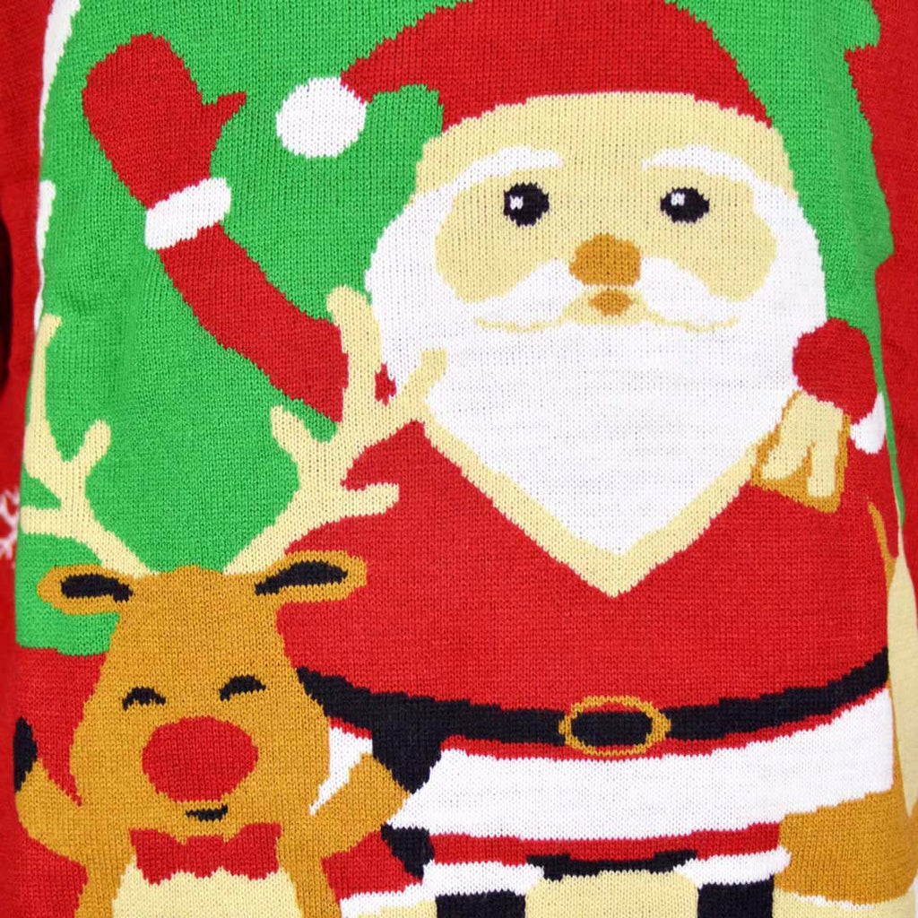 Pull de Noël pour Homme Rouge avec Père Noël et Renne Saluant detail