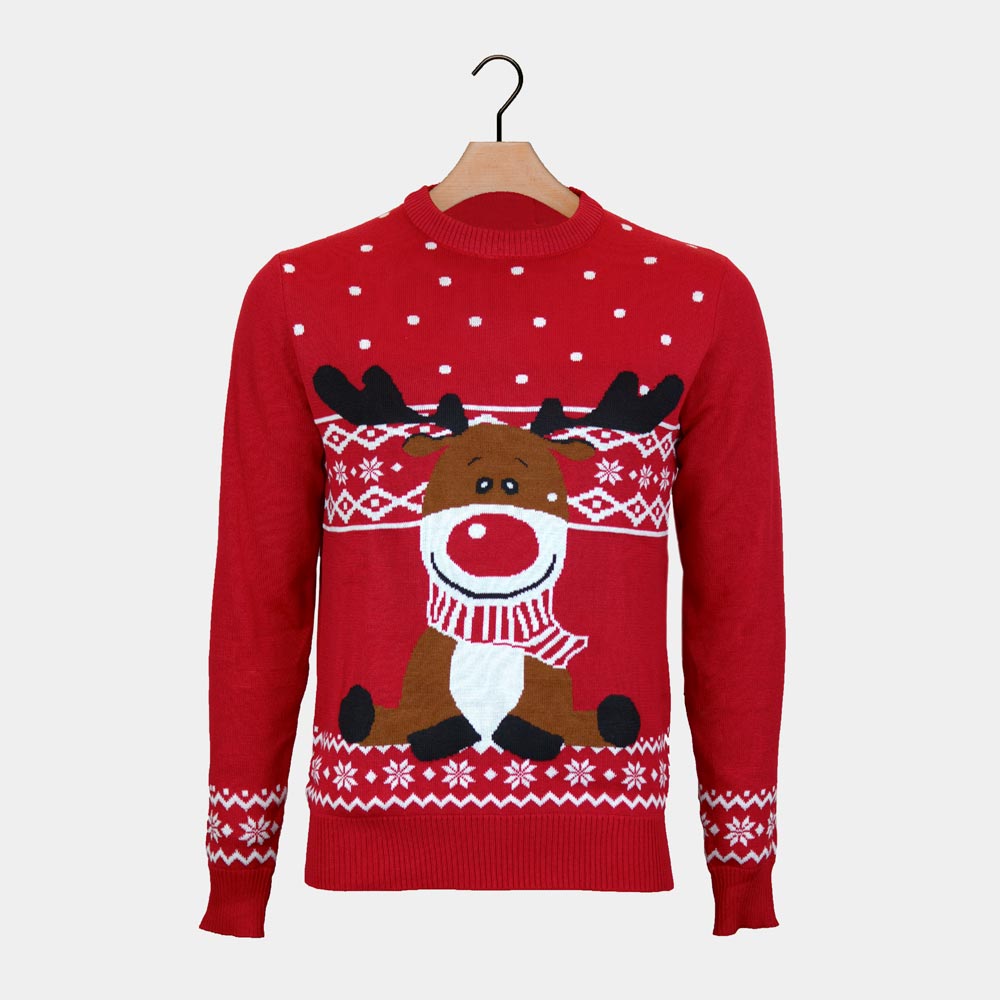 Pull de Noël pour Homme Rouge Renne Rudolph Echarpe