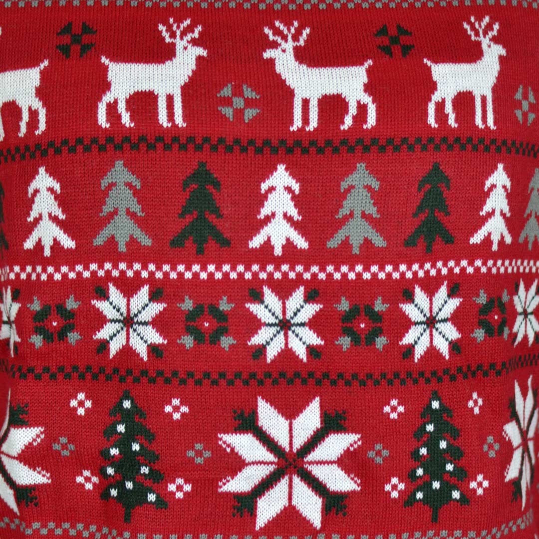 Pull de Noël pour Homme Rouge avec Rennes, Sapins et Étoiles Polaires detail