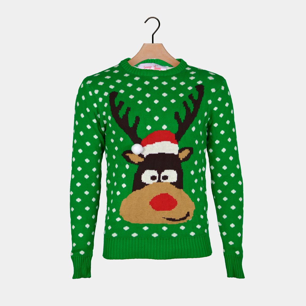 Pull de Noël pour Homme Vert Renne avec Bonnet de Noël 3D