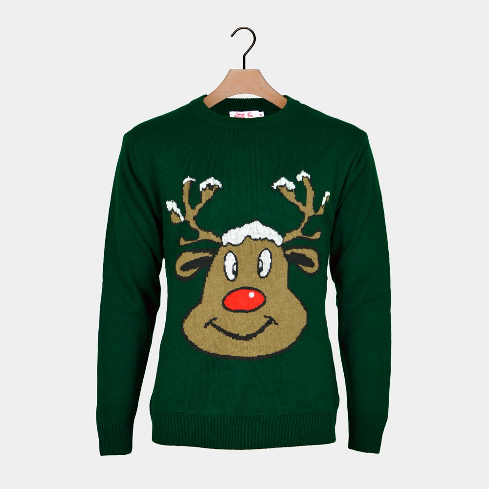 Pull de Noël Homme Vert Renne Souriant