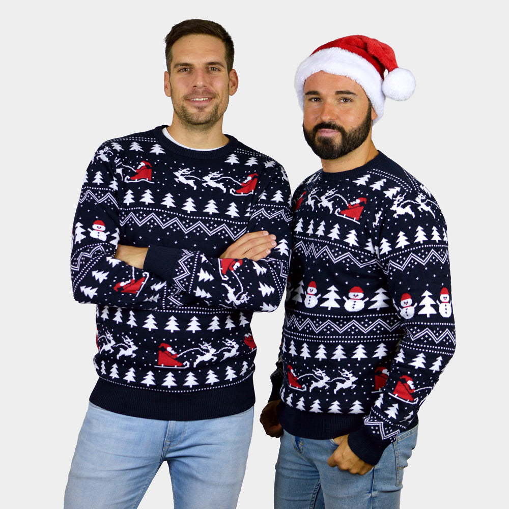 Pull de Noël Hommes avec Sapins, Bonhommes de Neige et Père Noël Coton Bio