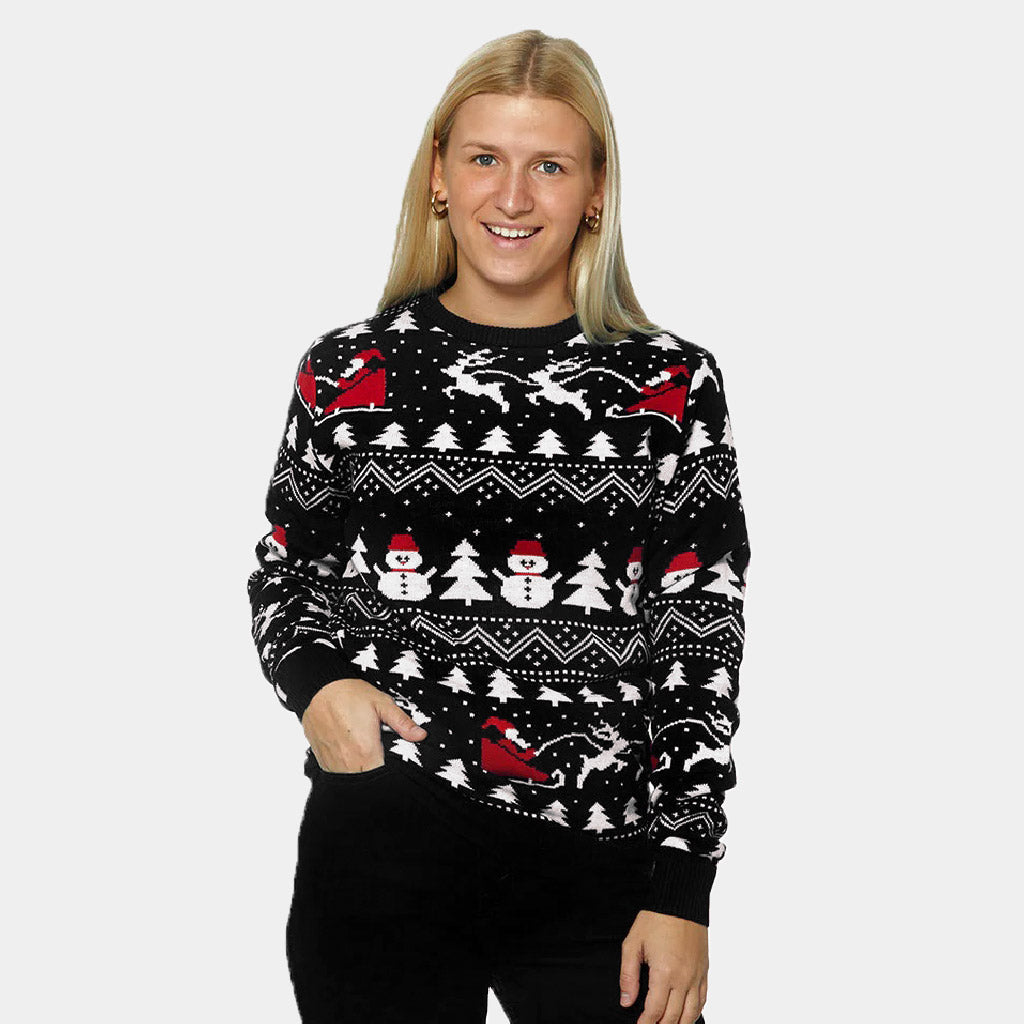 Pull de Noël Noire pour Femme Sapins, Bonhommes de Neige et Père Noël