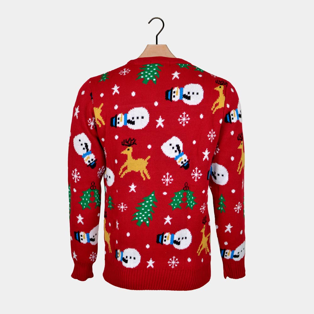 Pull de Noël Homme Rouge Bonhommes de Neige, Rennes et Sapins