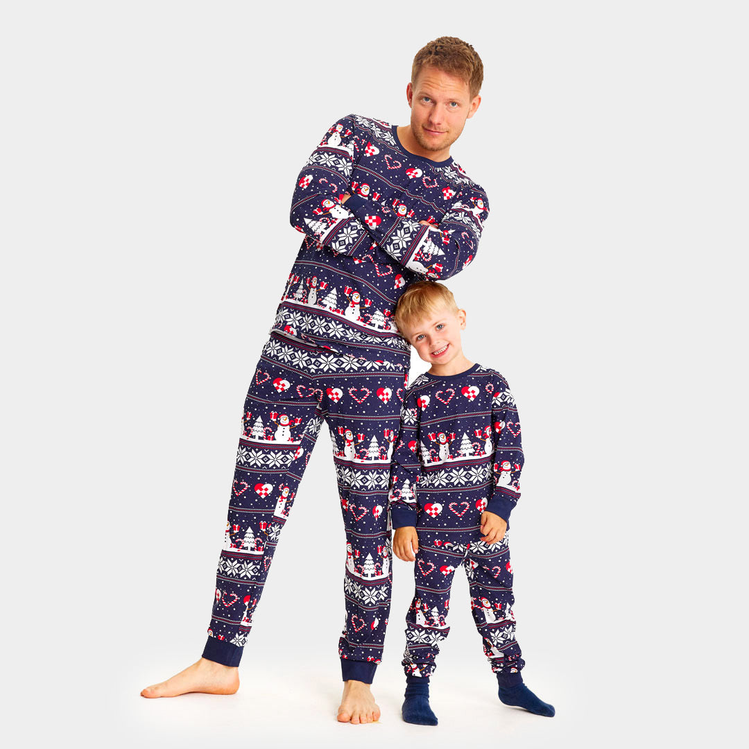 Pyjama de Noël pour Adultes Unisexe Bleu avec Bonhommes de Neige et Cœurs 