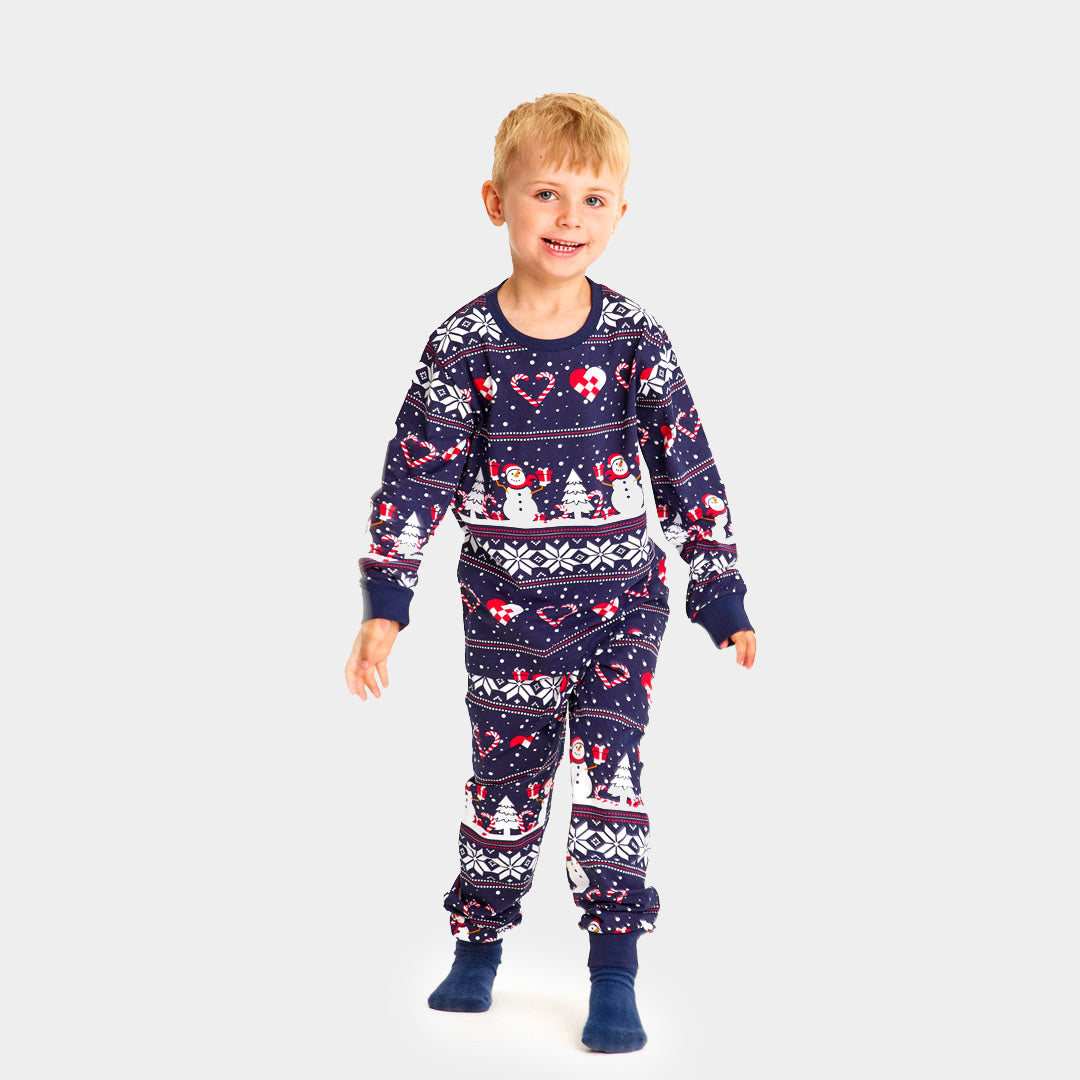 Pyjama de Noël pour Enfants Bleu avec Bonhommes de Neige et Cœurs