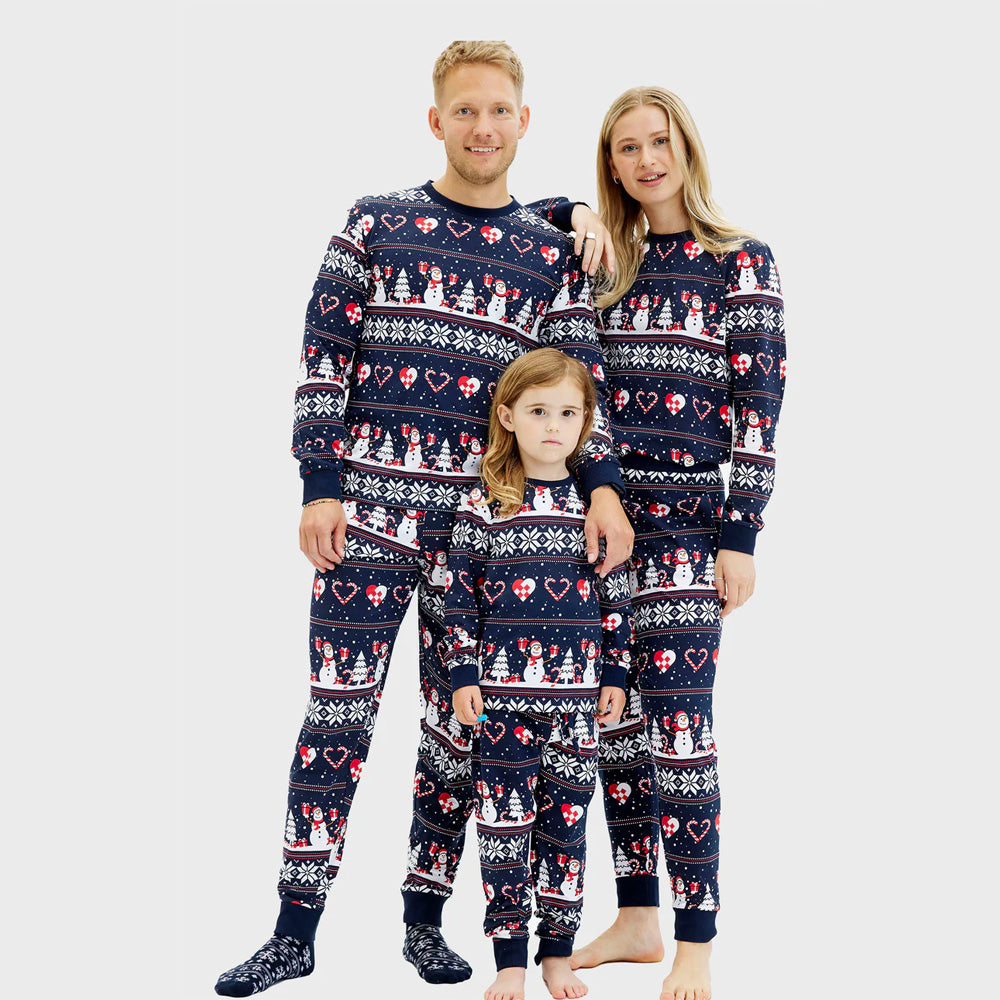 Pyjama de Noël Famille Enfants Bleu Bonhommes de Neige et Cœurs

