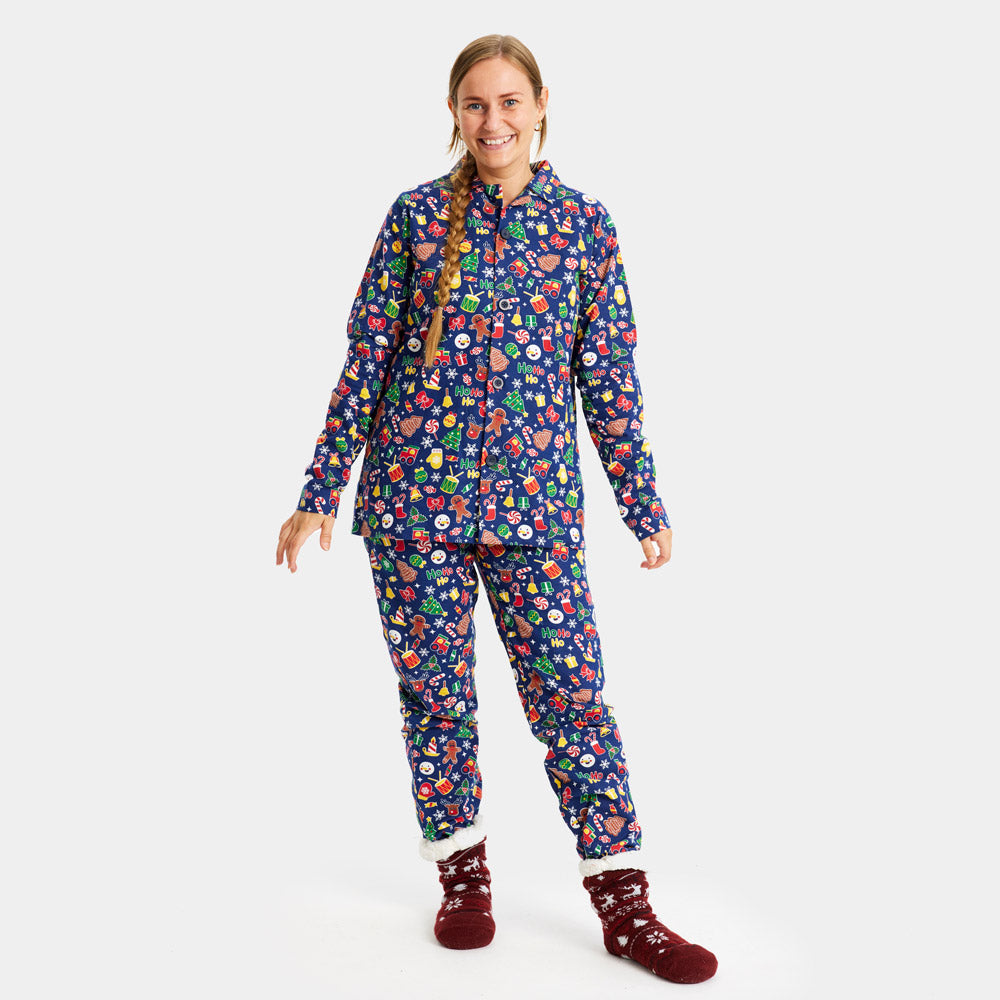 Pyjama de Noël Femme Enfants Bleu Motifs de Noël
