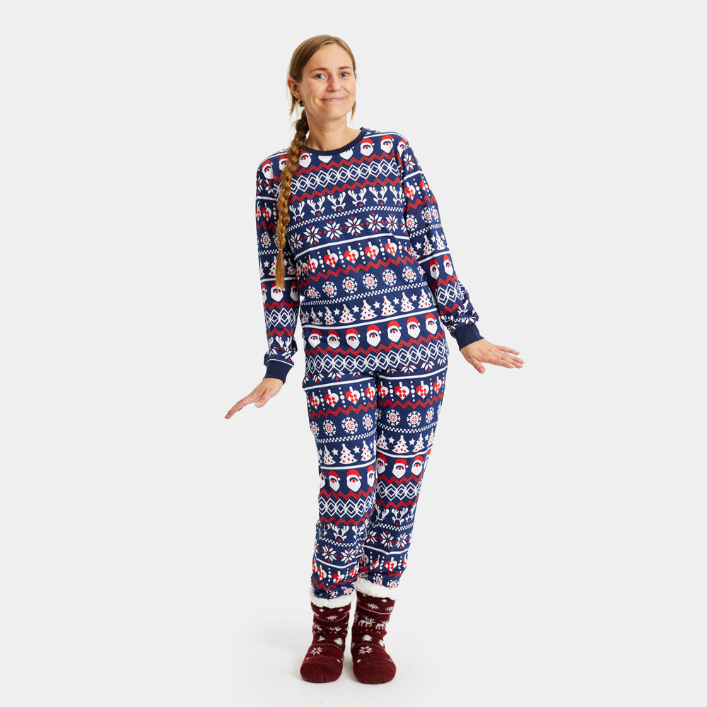 Pyjama de Noël pour Enfants Femme Bleu Père Noël, Sapins et Cœurs
