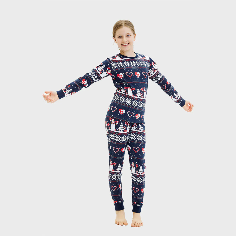 Pyjama de Noël Familial Bleu Enfant Bonhommes de Neige et Cœurs
