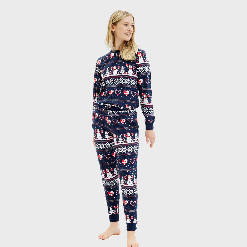 Pyjama de Noël Femme Bonhommes de Neige et Cœurs Bleu 
