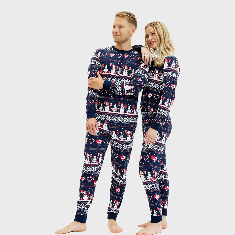Pyjama de Noël Femme et Homme Bleu Bonhommes de Neige et Cœurs
