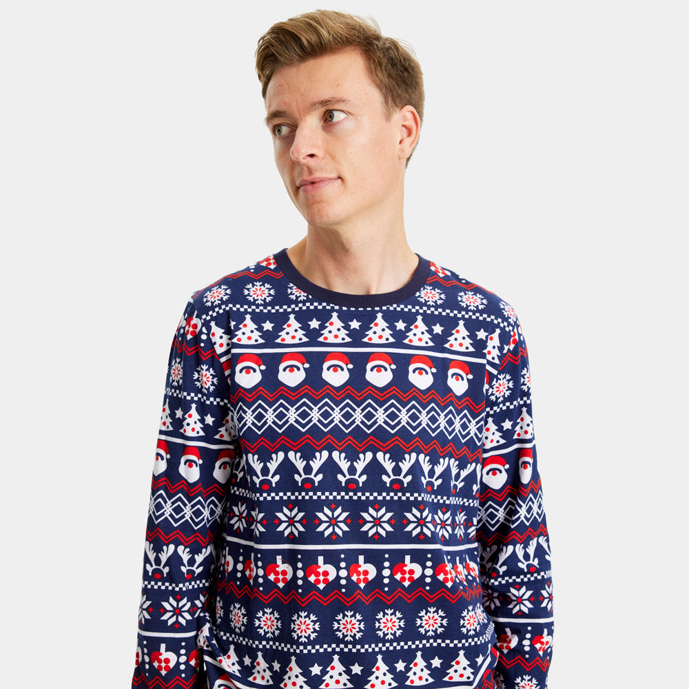 Pyjama de Noël Homme Père Noël, Sapins et Cœurs Bleu 
