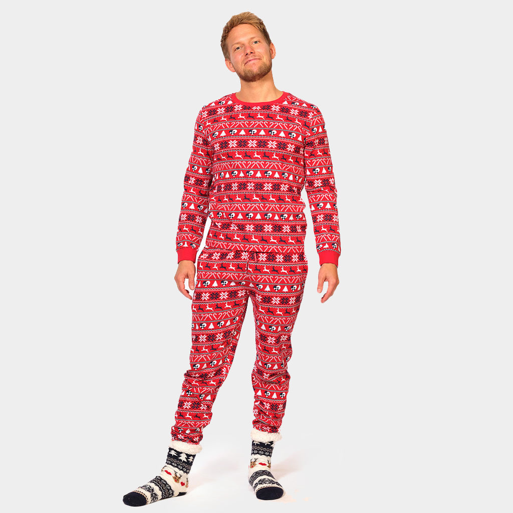 Pyjama de Noël pour homme Rouge avec Rennes et Sapins