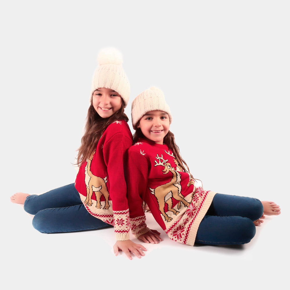 Pull de Noël pour Enfants Rouge avec Bébé Renne Filles