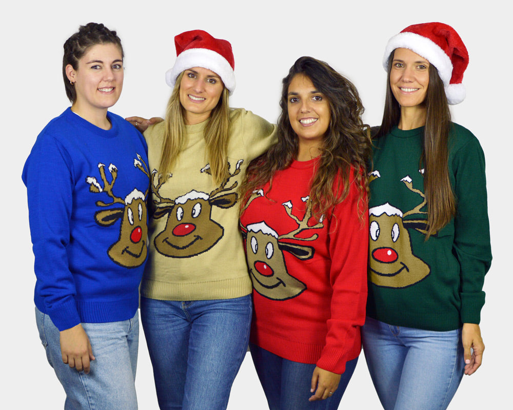 Pull de Noël pour Famille Rouge avec Renne Souriant femmes