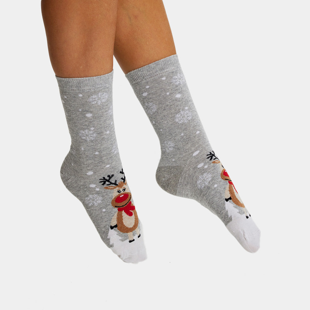 Chaussettes de Noël Unisexes Gris avec Rennes Mignonnes Femme et Homme