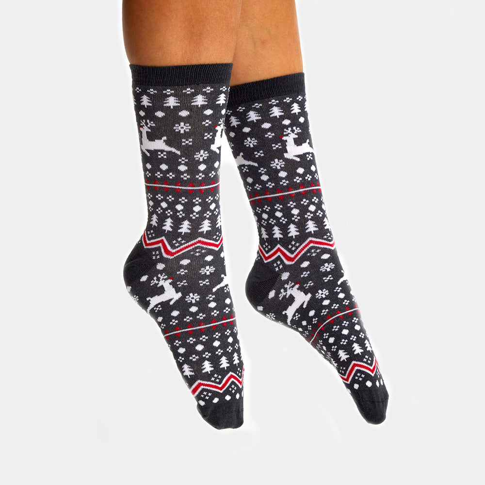 Chaussettes de Noël Unisexes Grises avec Renne et Sapins Femme et Homme