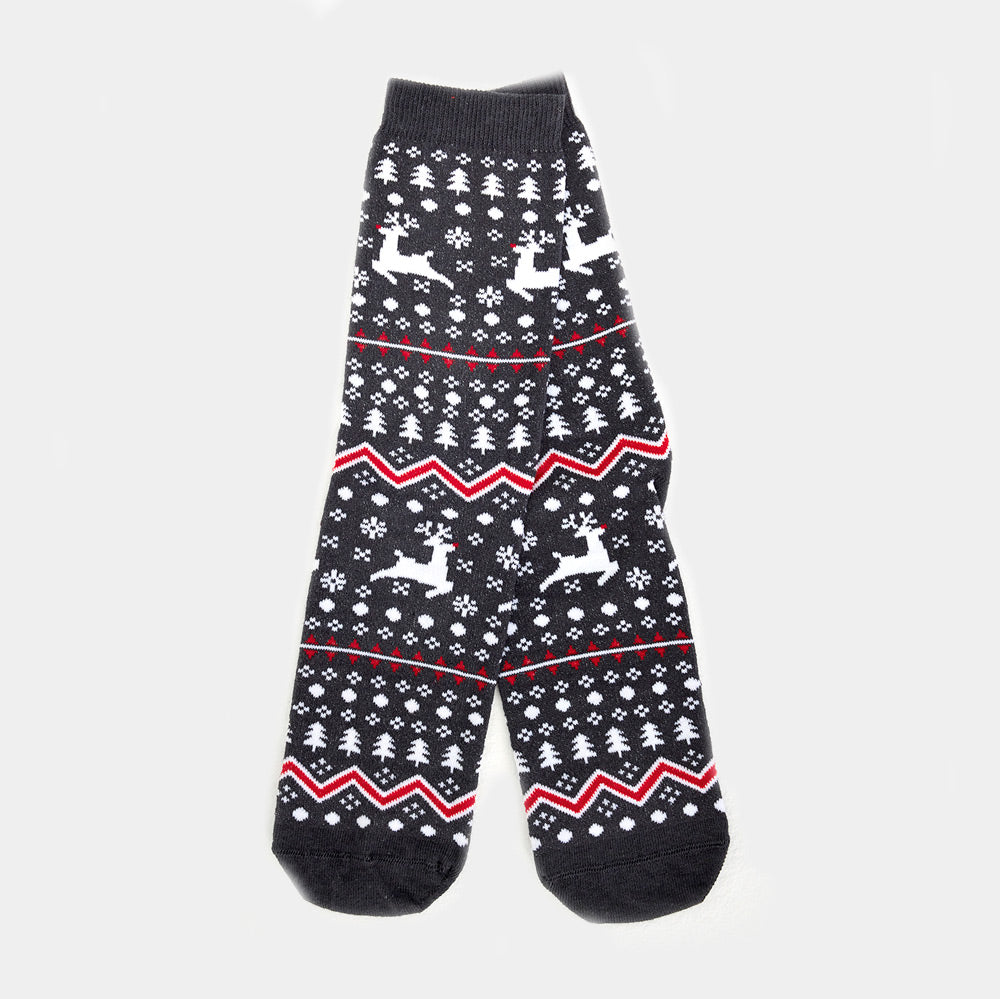 Chaussettes de Noël Unisexes Grises avec Renne et Sapins