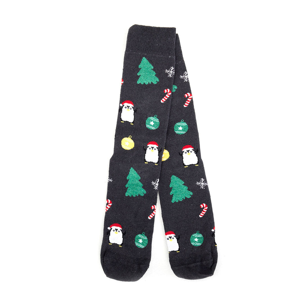 Chaussettes de Noël Unisexes Grises avec Sapins et Pingouins