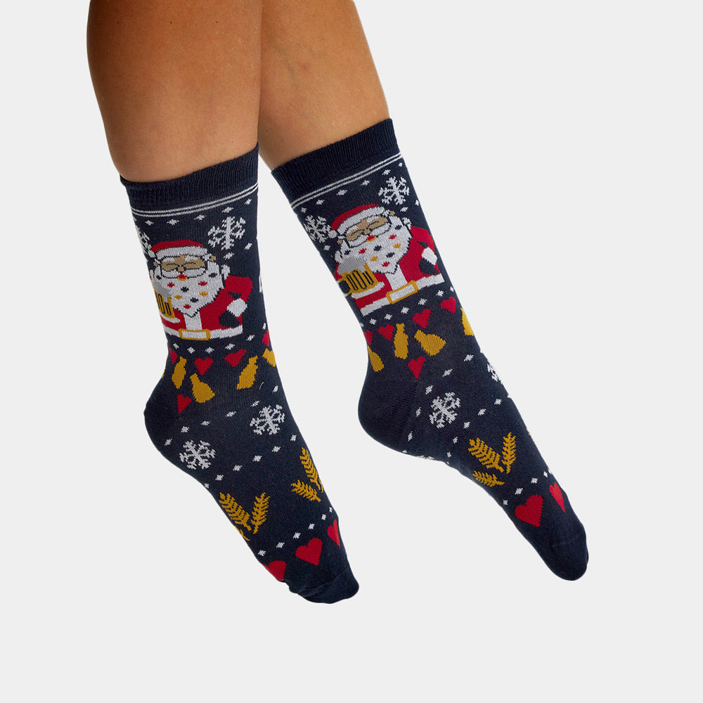 Chaussettes de Noël Unisexes Père Noël avec Bière Femme et Homme