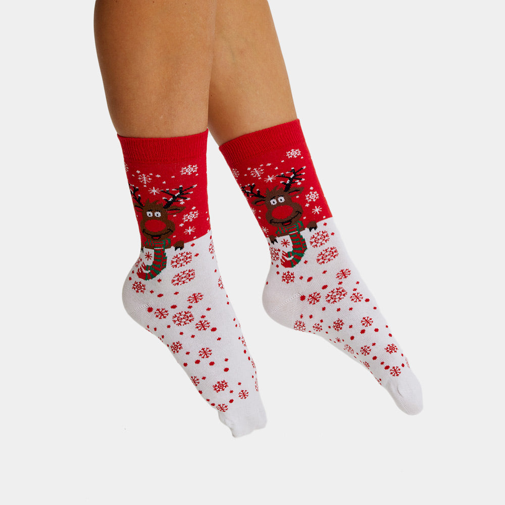 Chaussettes de Noël Unisexes Rouges Renne avec Écharpe Homme Femme