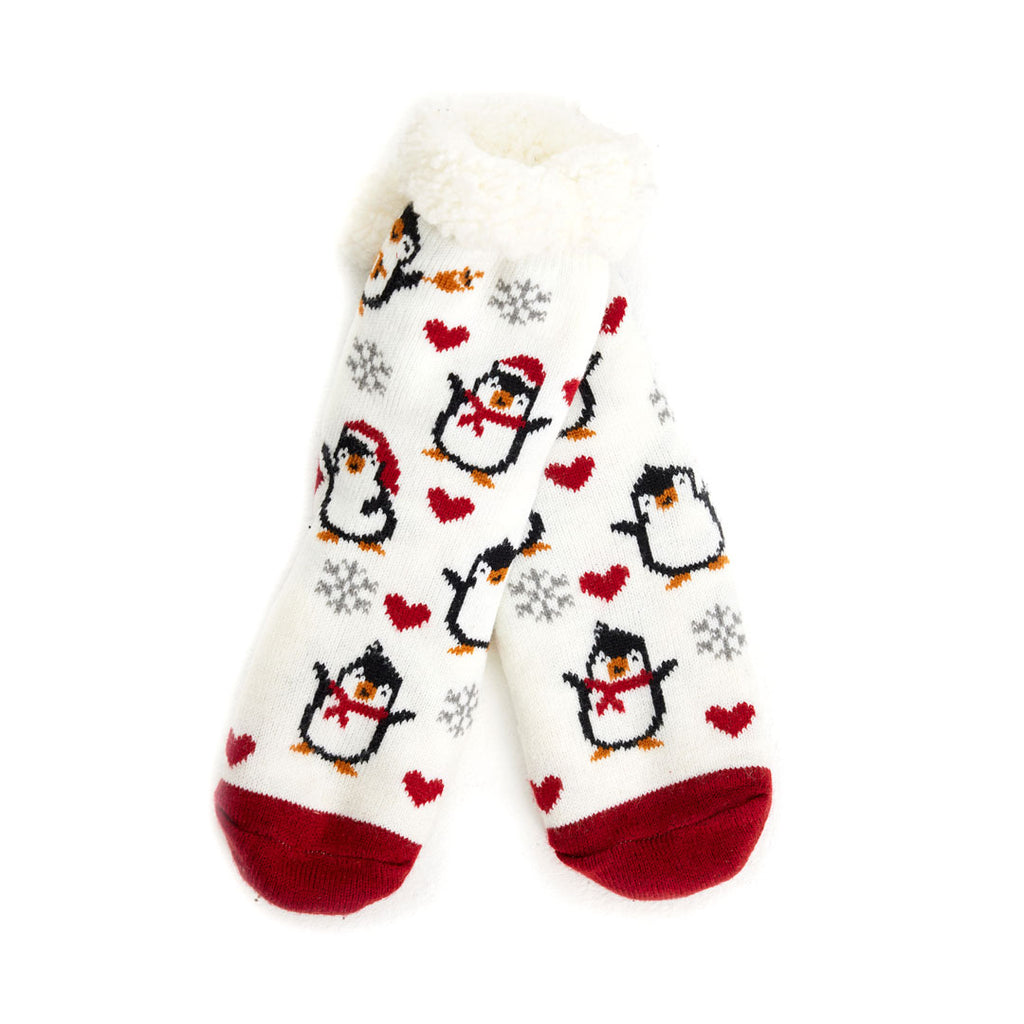 Chaussons Chaussettes de Noël Blanches avec Pingouins et Cœurs