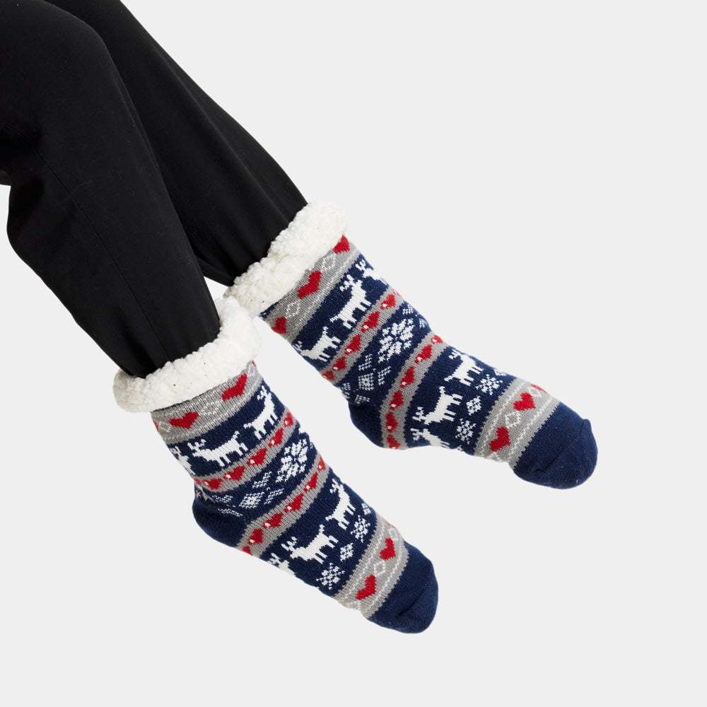 Chaussons Chaussettes de Nöel Bleu avec Rennes et Cœurs Femme et Homme