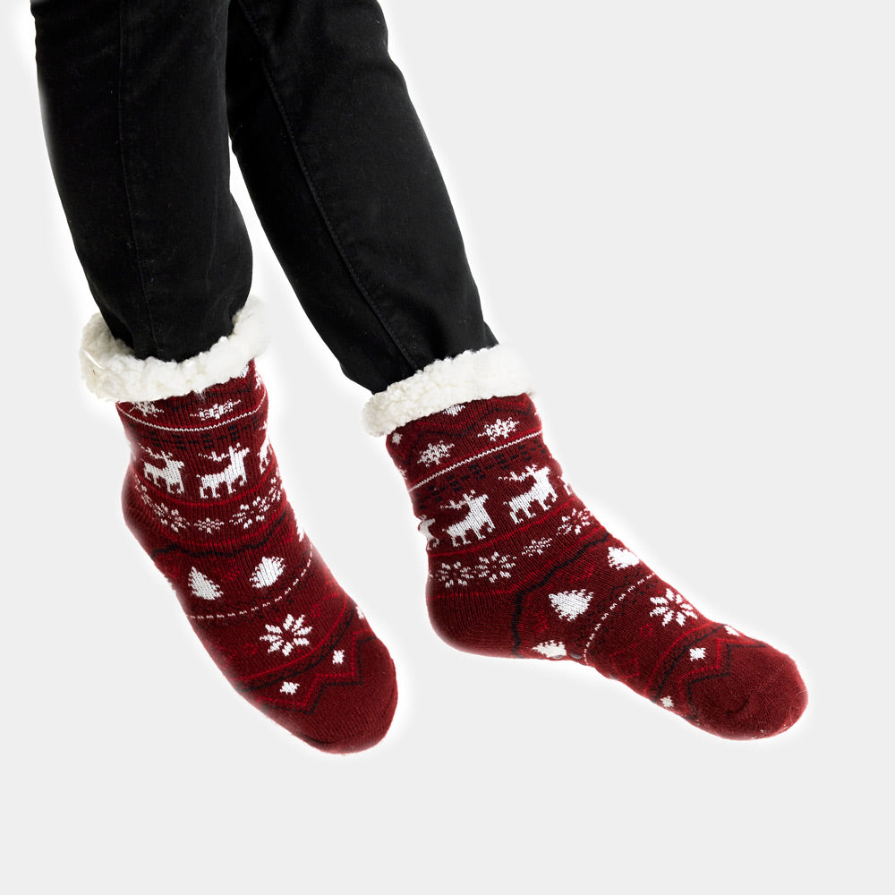 Chaussons Chaussettes de Noël Grenat avec Rennes Femme et Homme