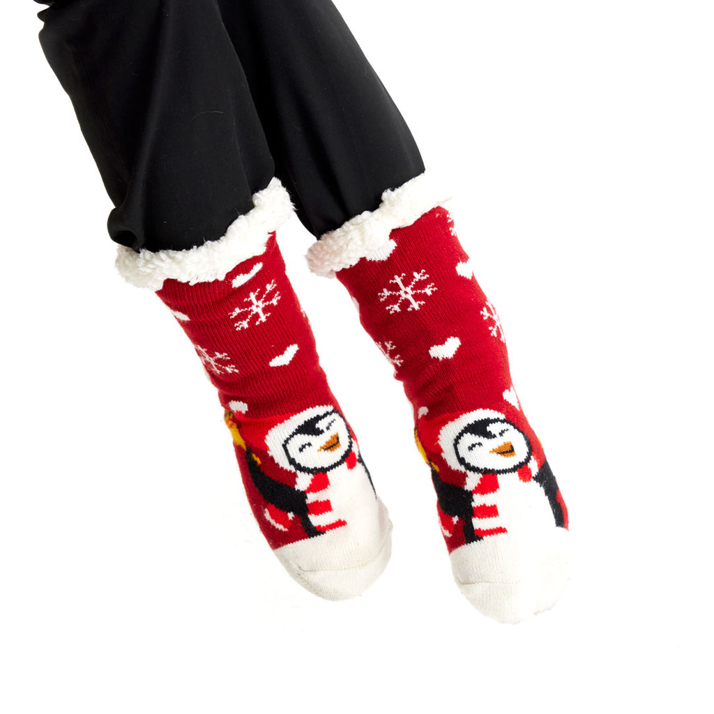 Chaussons Chaussettes de Noël Rouges avec Pingouin Femme et Homme