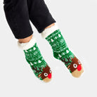 Chaussons Chaussettes de Noël Vertes avec Sapins et Renne Femme et Homme