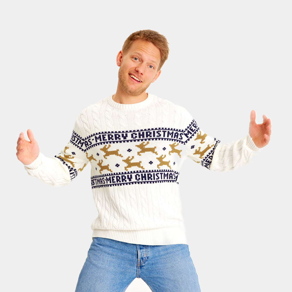 Pull de Noël Blanc Élégant avec Rennes Homme