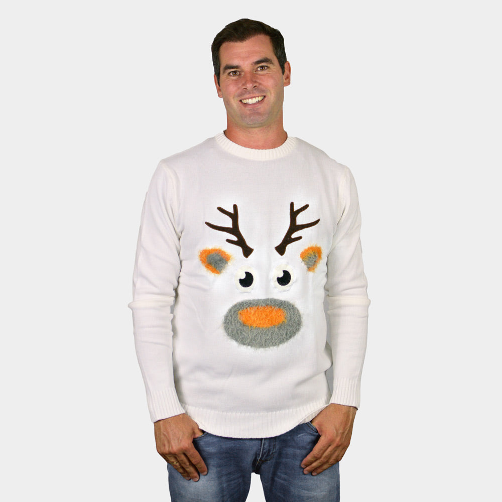 Pull de Noël Blanc avec Renne 3D Poilu Homme