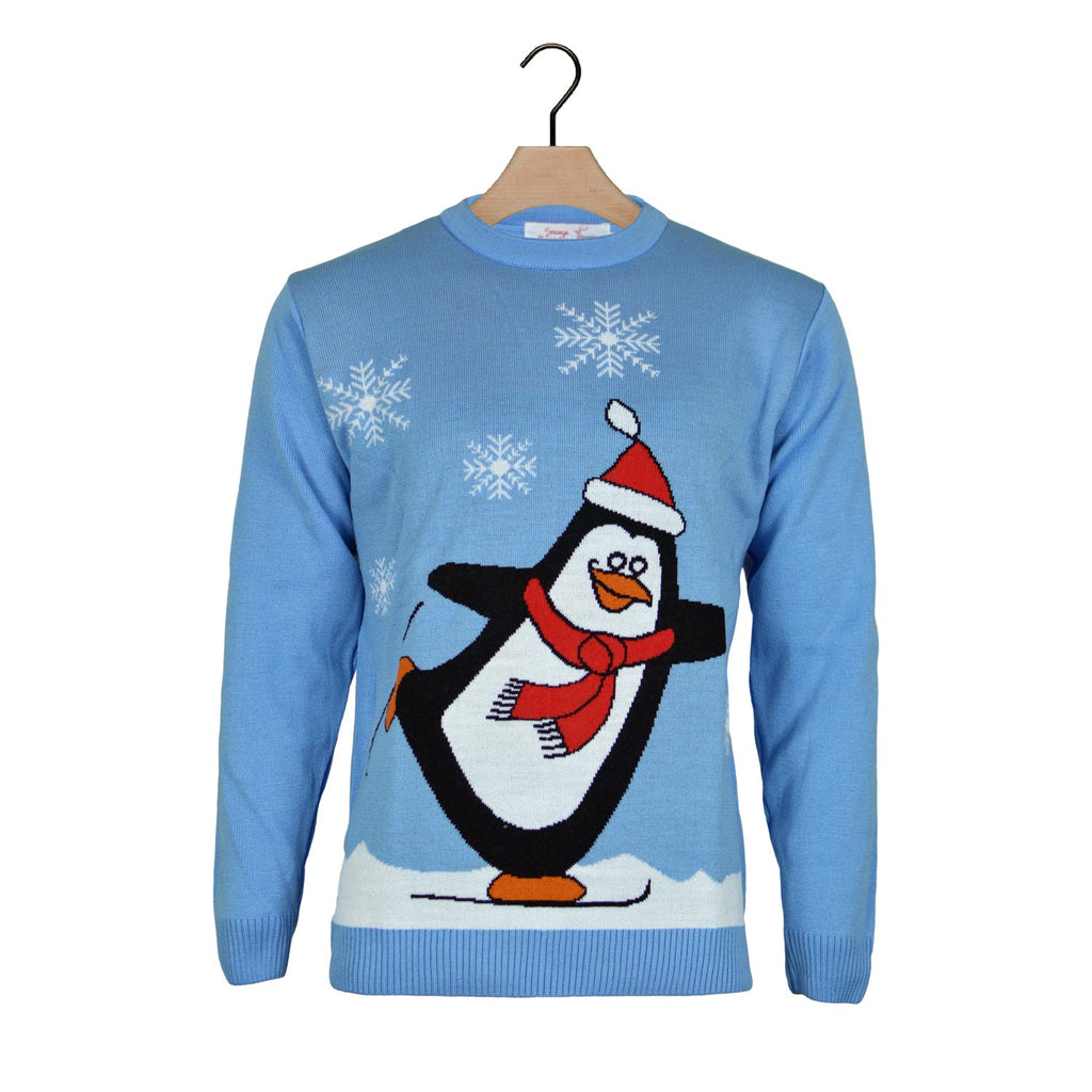 Pull de Noël Bleu Ciel avec Pingouin