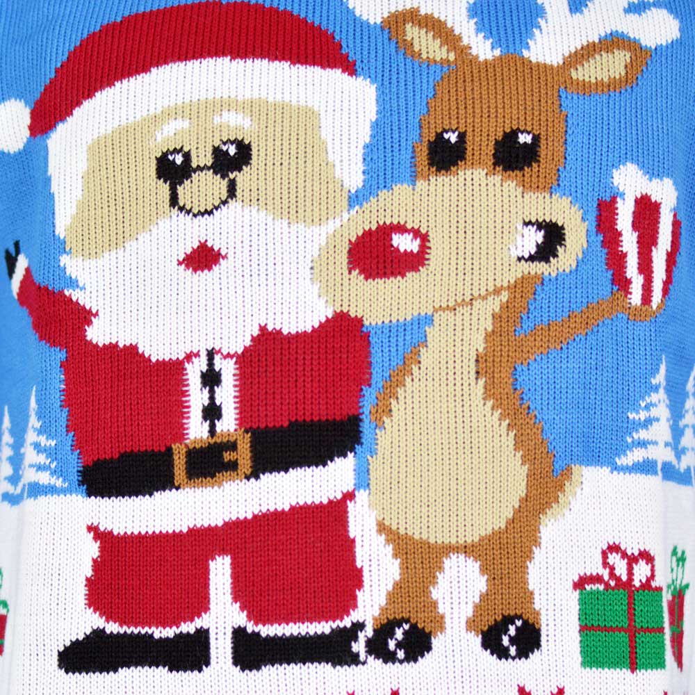 Pull de Noël Bleu Ciel avec Rudolph le Renne et Père Noël Détail