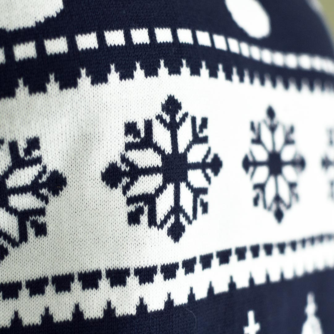 Pull de Noël Bleu pour Famille avec Rennes et Neige Détail