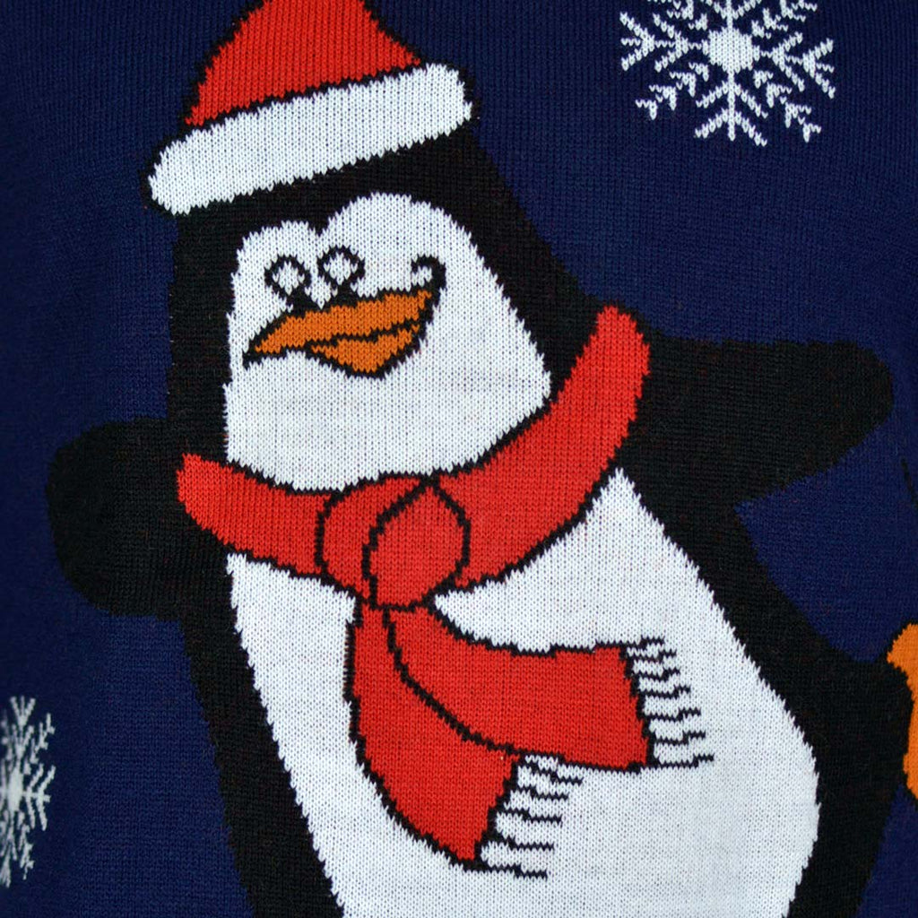 Pull de Noël Bleu Marine avec Pingouin détail