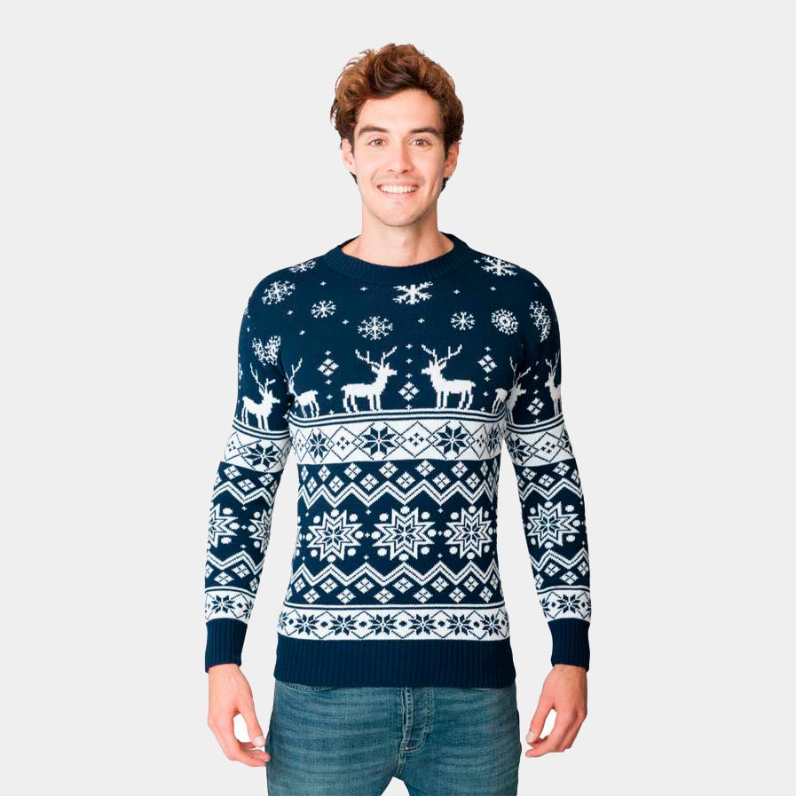 Pull de Noël Bleu avec Renne et Étoile Nordique 2021 Homme