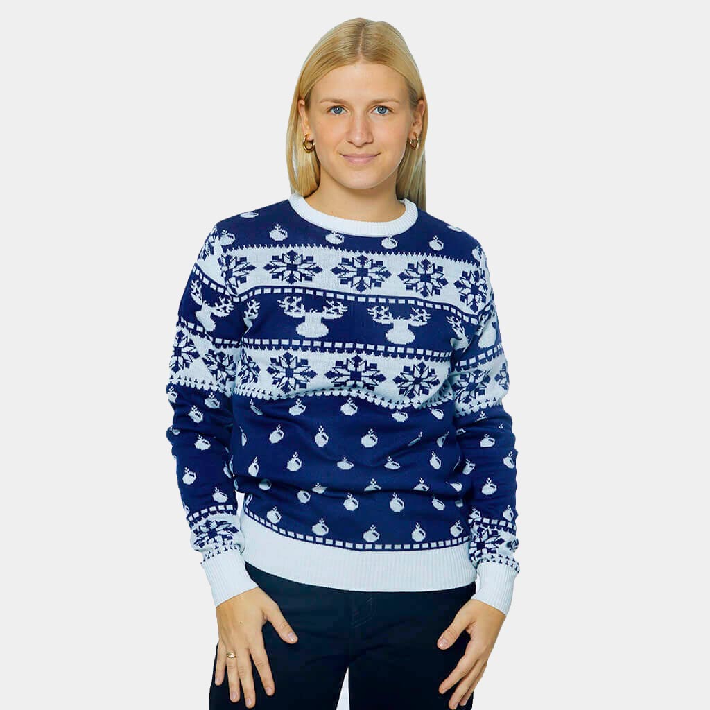 Pull de Noël Bleu avec Rennes et Neige 2021 Femme