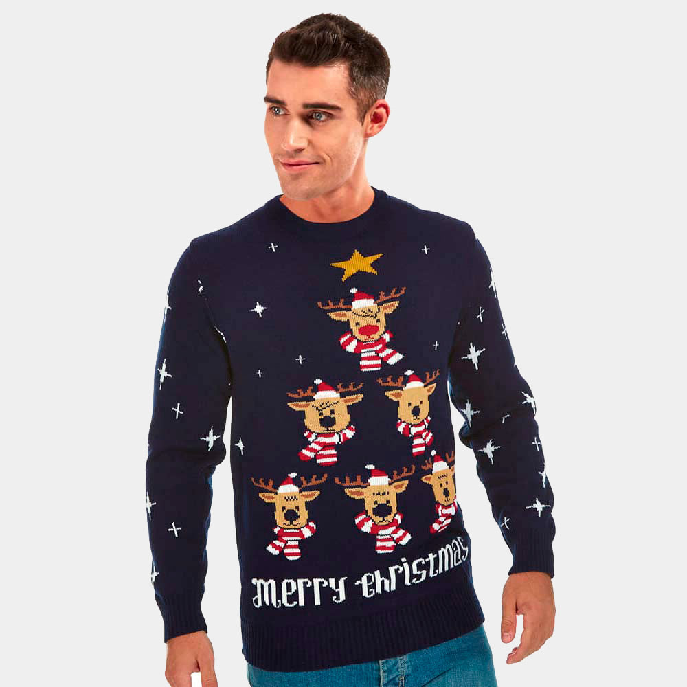 Pull de Noël Bleu Rennes, Sapin de Noël et Étoile Homme