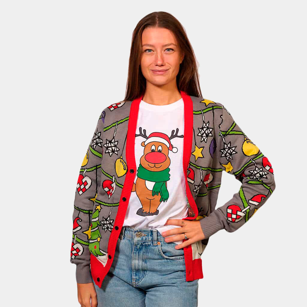 Pull de Noël Cardigan Sapin et Bonhomme de Neige Femme