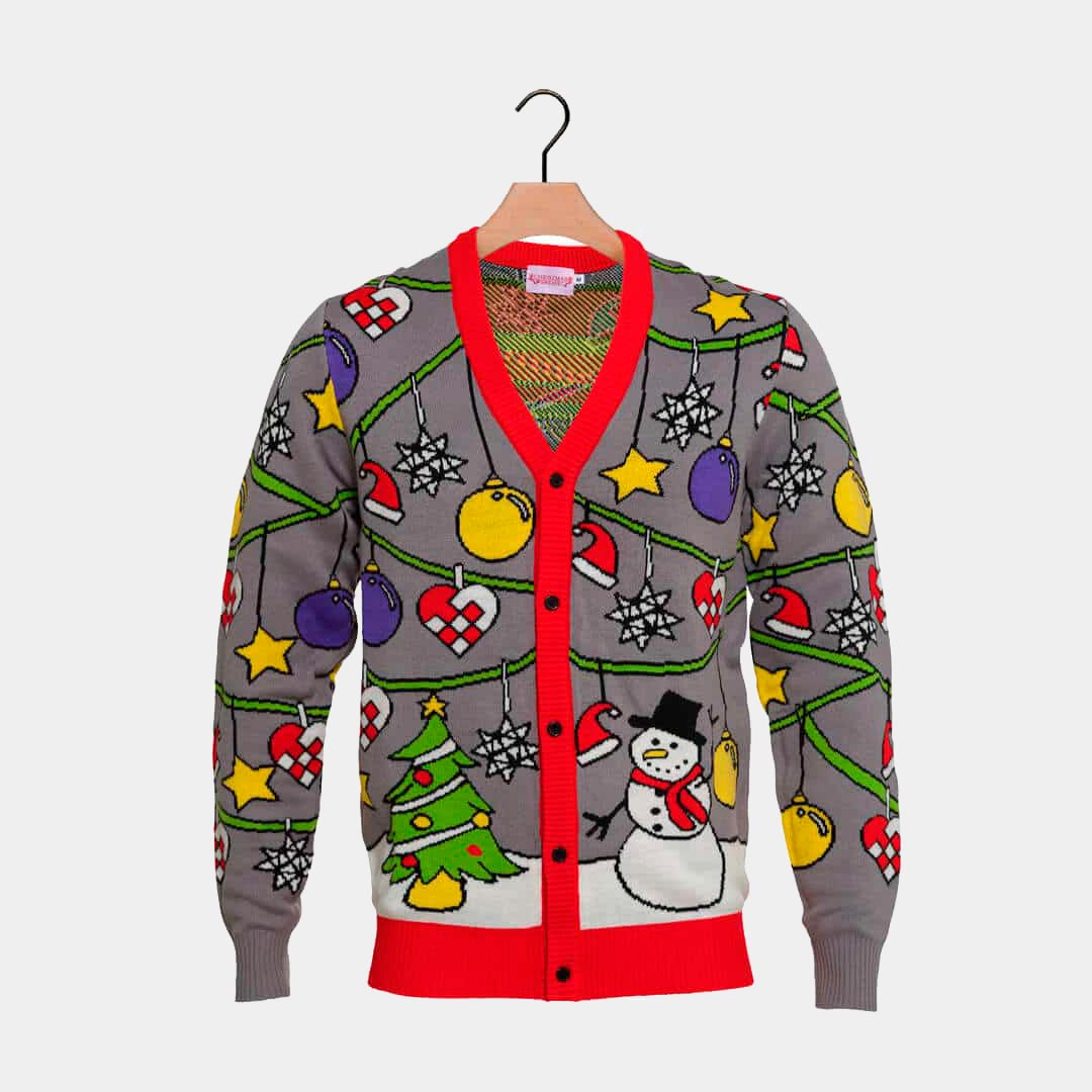 Pull de Noël Cardigan Sapin et Bonhomme de Neige