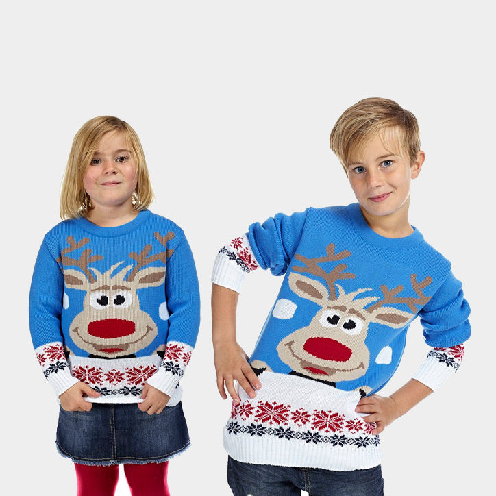 Pull de Noël pour Enfants Bleu Ciel avec Renne et Neige Fille et Garçon