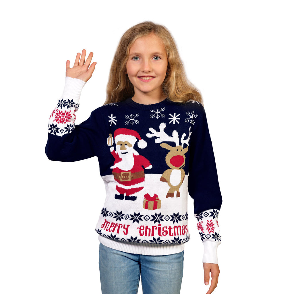 Pull de Noël pour Enfants Bleu Père Noël et Rudolph le Renne Coton Bio Fille
