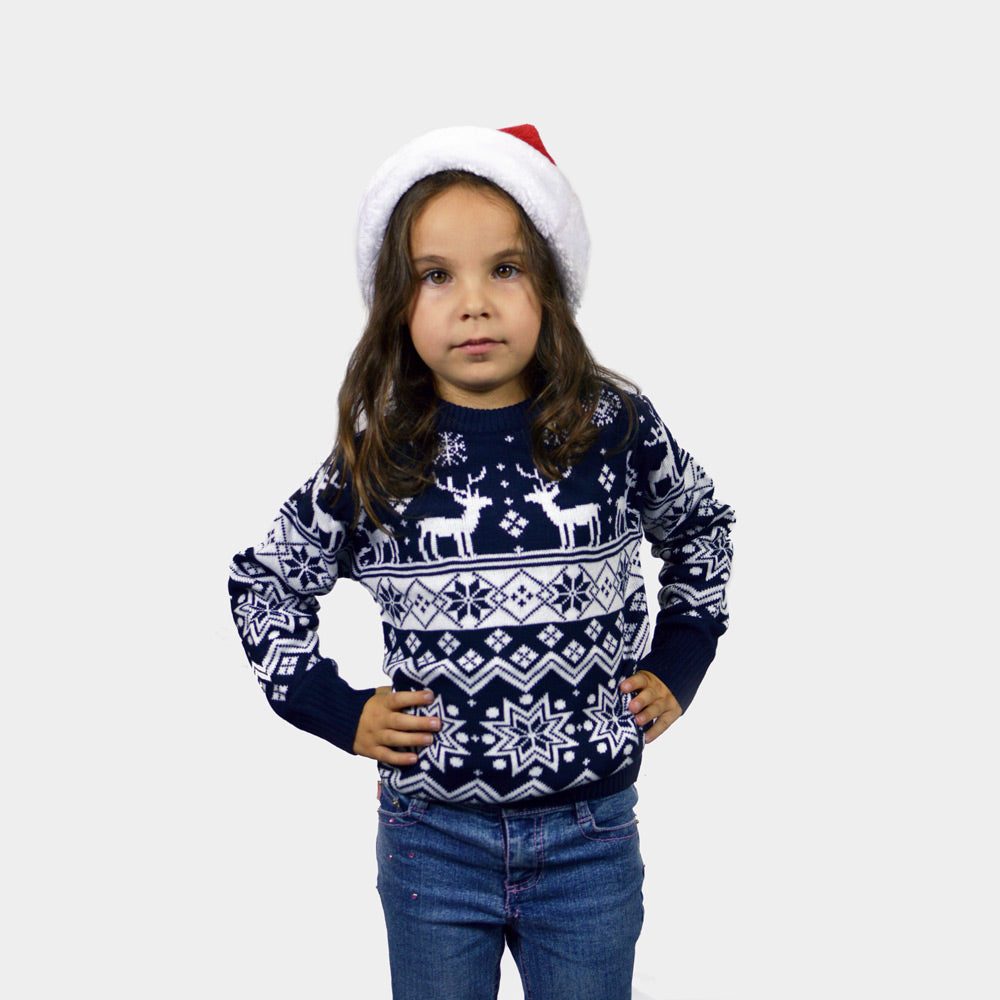 Pull de Noël pour Enfants Bleu avec Renne et Étoiles Nordique Fille