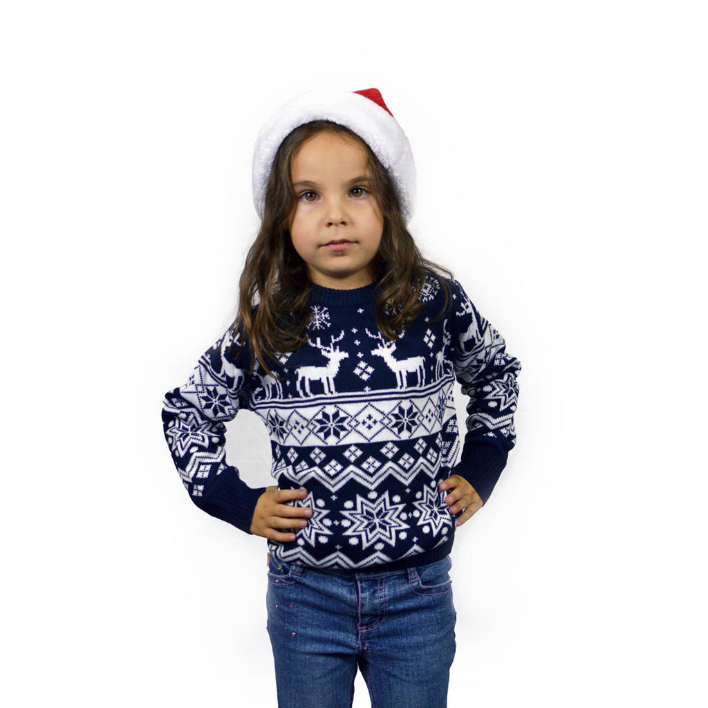 Pull de Noël pour Enfants Bleu avec Renne et Étoiles Nordique Fille